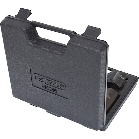 Schwarzer Werkzeugkoffer von KS TOOLS, geöffnet. Im Inneren sind Werkzeuge zu sehen.